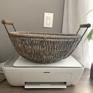Large gray wooden basket with handles